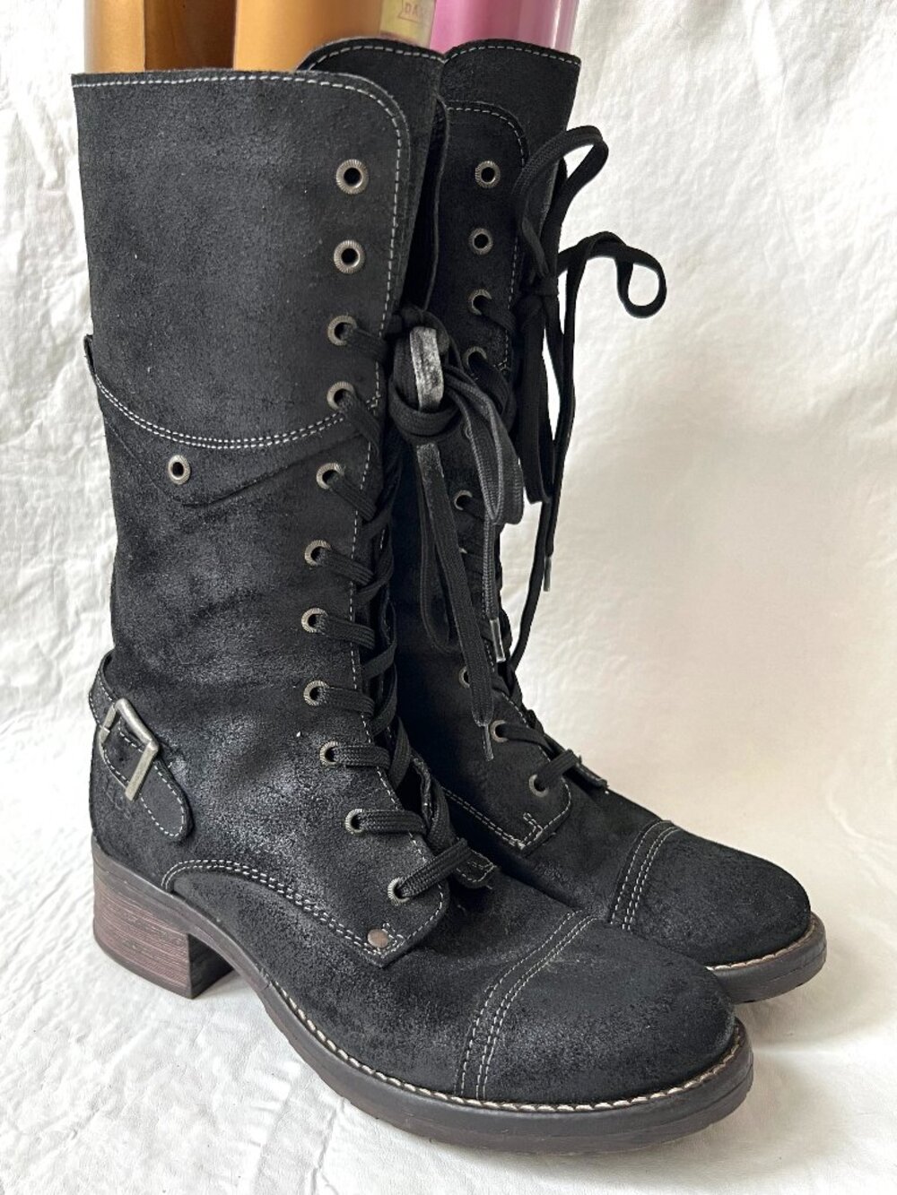 Taos combat boots Crave Tall 39 8 8.5 black leather suede cap toe lace up zip